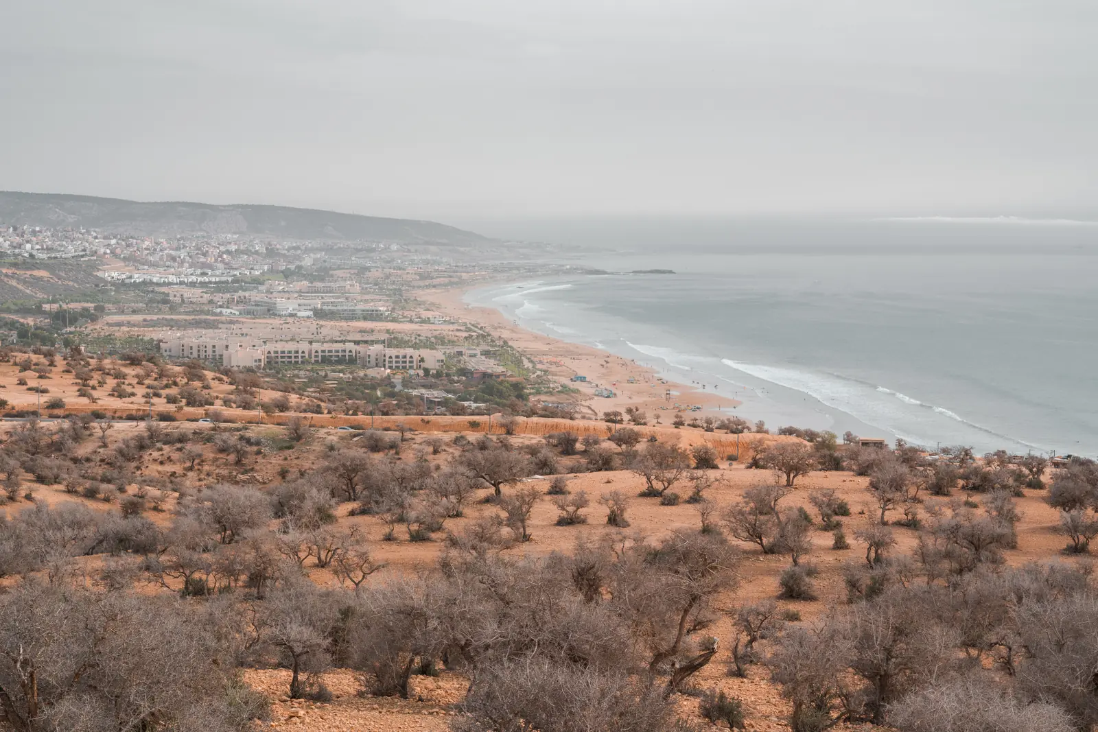 Dry hills and scrub running down to the coast
