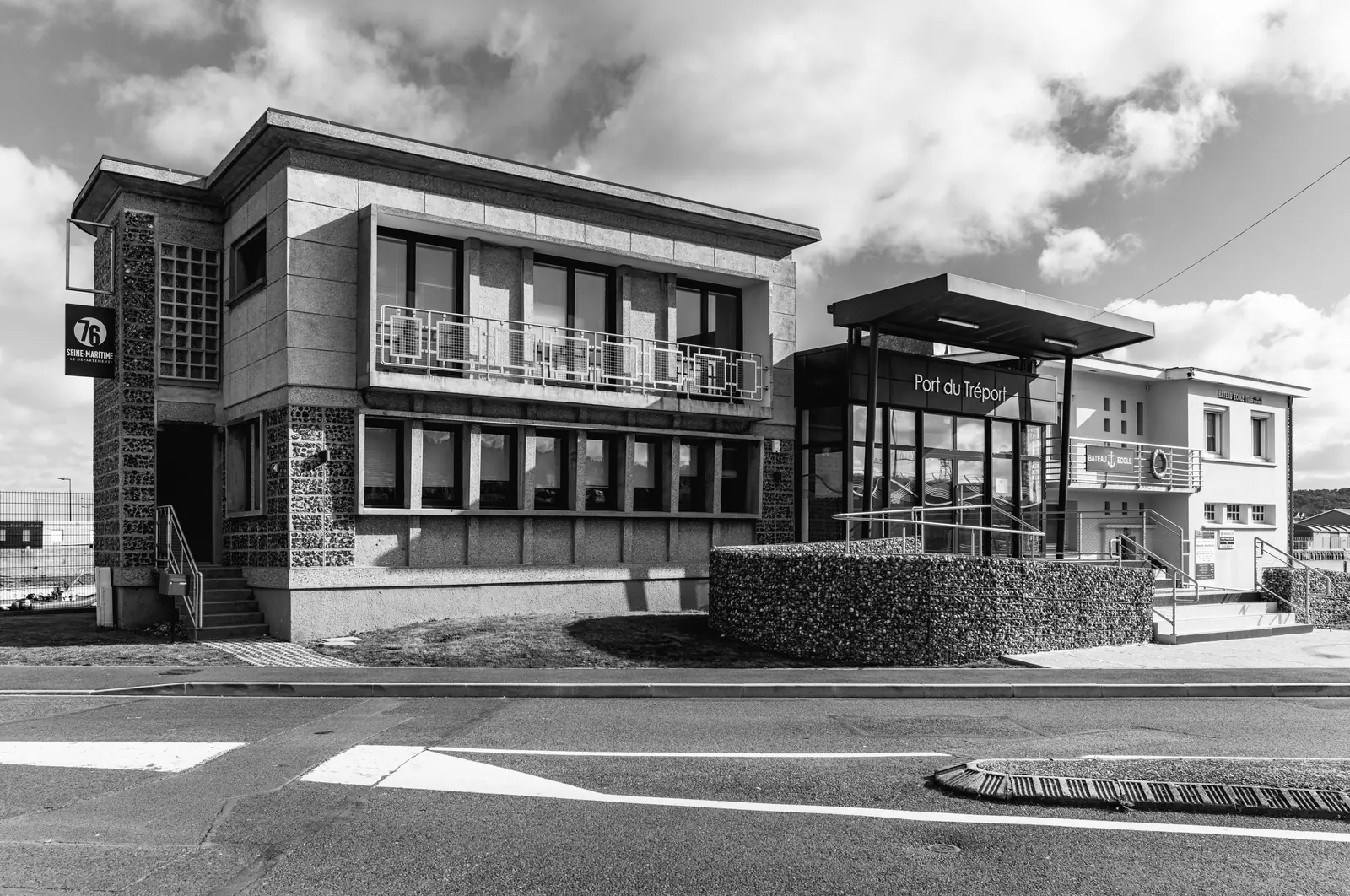 Low modern building on a roundabout